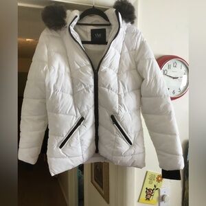 YMI White Puffer Jacket with Faux Fur Hood